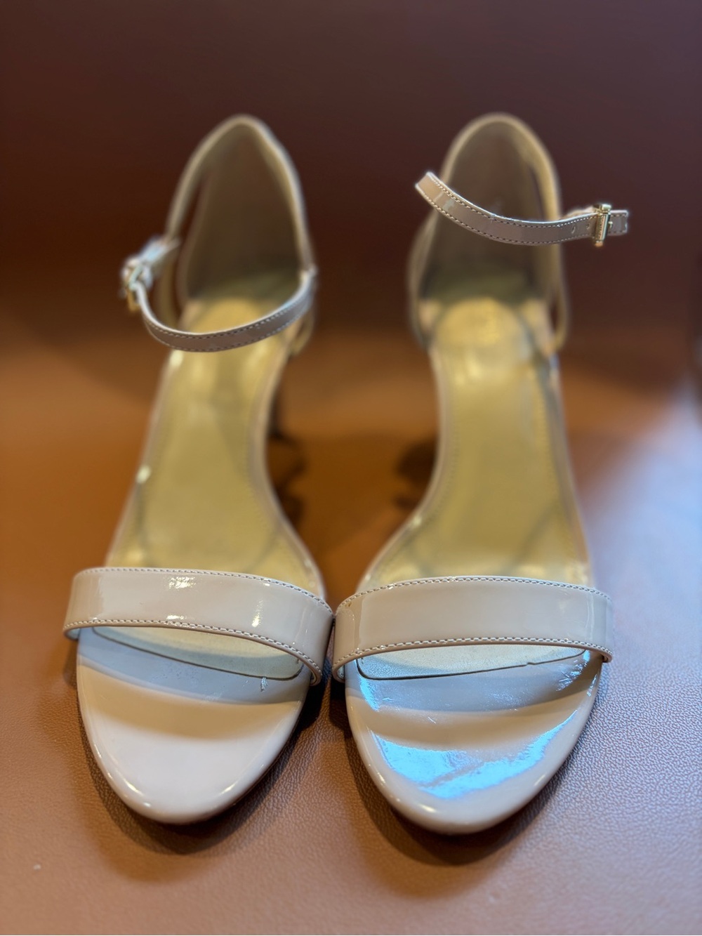 Michael Kors Patent Ankle-Strap Heels in Light Beige